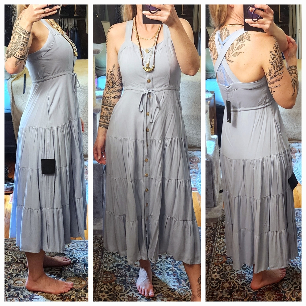 Lulu's Pale Blue Tiered Tie Front Cross-back Sundress